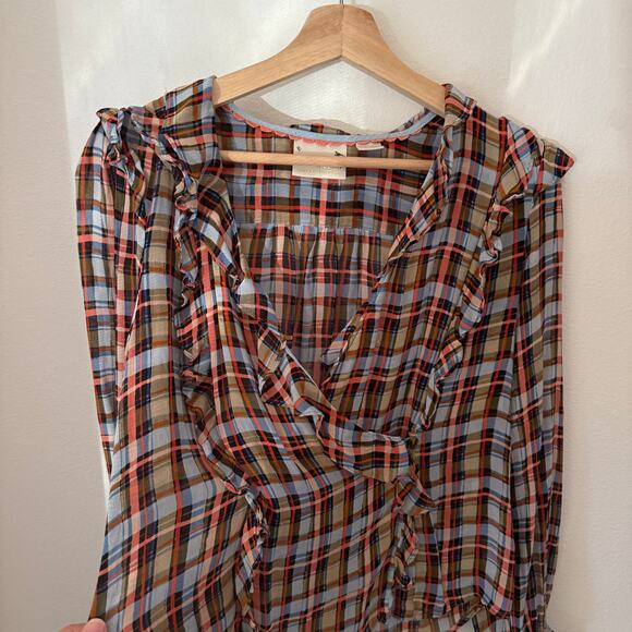 Maeve Anthropologie Laila Plaid Chiffon Ruffle Blouse Sz 8 - Picture 5 of 9